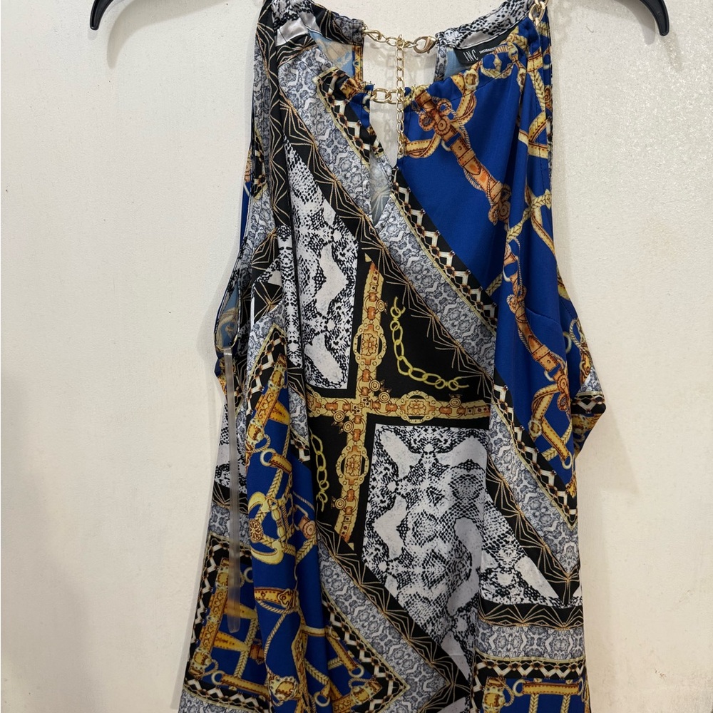 INC International Concepts Blue and Gold Patterned Blouse